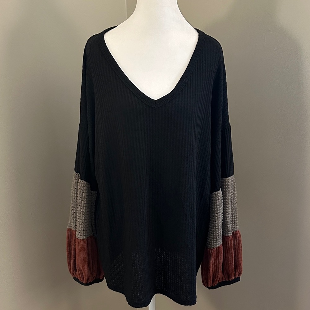 Bibi Color Block Balloon Sleeve Waffle Knit V-neck Pullover, Sz L